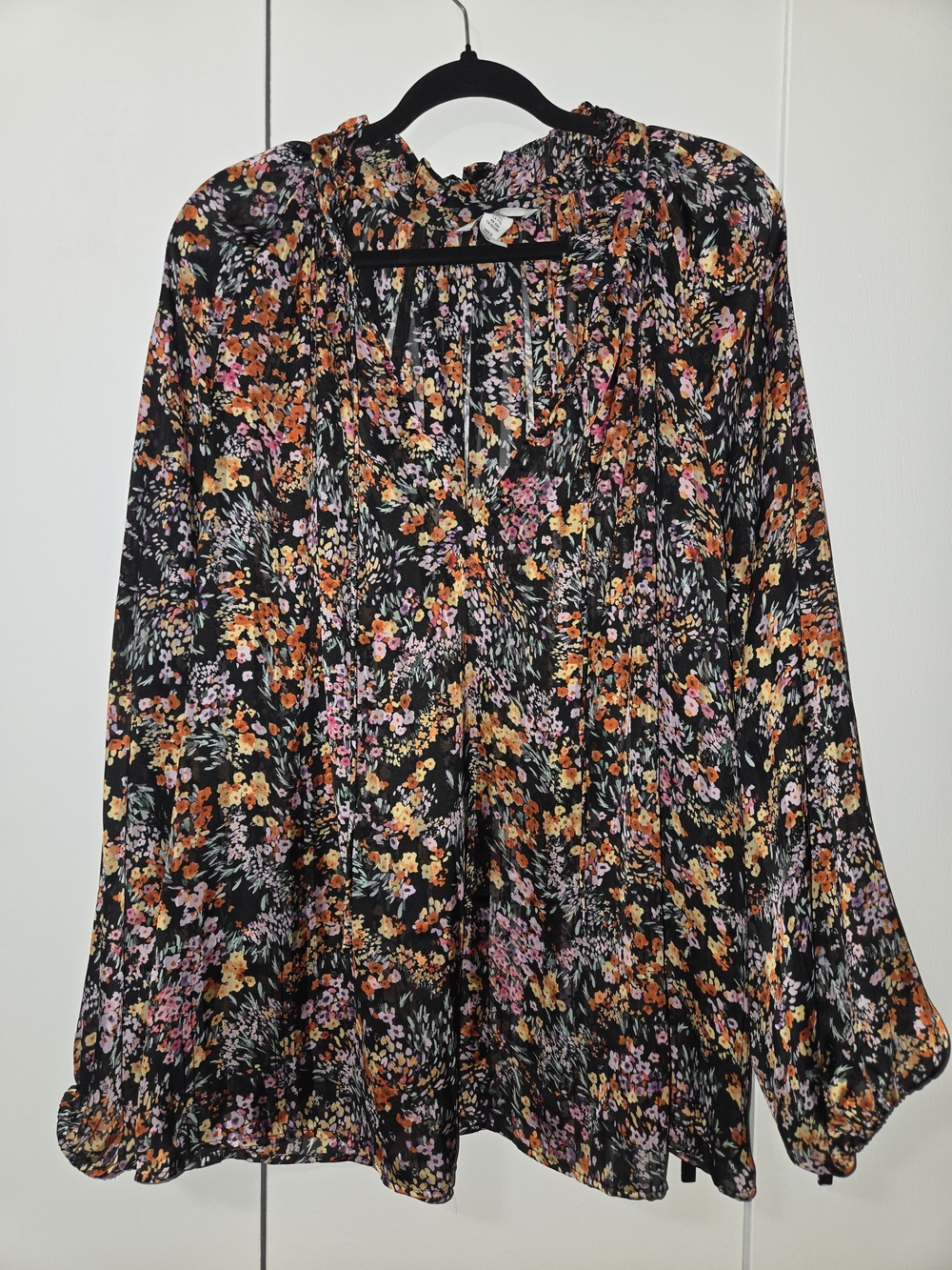 H&M Black Floral Peasant Long-Sleeve Blouse with Pink and Orange Flowers